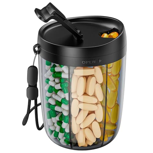 PULIV Large Pill Bottle Organizer for Holding 6 Various Vitamins without Filling Hassle, Supplement Organizer for Travel, Anti-Mixing Pill Box Case with Wide Opening for Easy Pill Retrieval, 20 Labels - color: Black