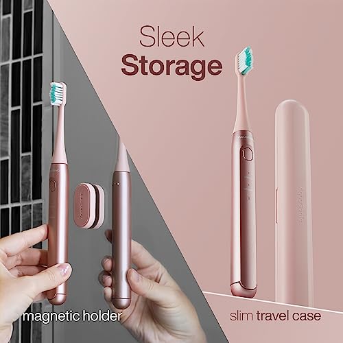 Aquasonic Icon ADA-Accepted Rechargeable Toothbrush | Magnetic Holder & Slim Travel Case | 2 Brushing Modes & Smart Timers | Gentle Micro-Vibrations (Blush) - color: Blush