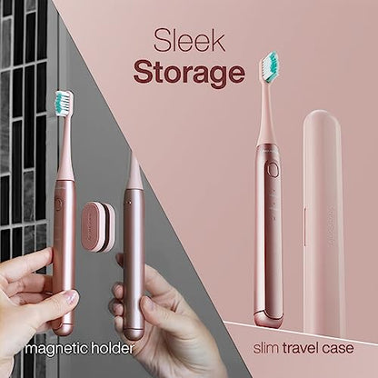 Aquasonic Icon ADA-Accepted Rechargeable Toothbrush | Magnetic Holder & Slim Travel Case | 2 Brushing Modes & Smart Timers | Gentle Micro-Vibrations (Blush) - color: Blush