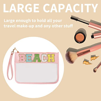 Iqimott Chenille Letter Clear Bag Beach Pouch, Monogram PVC & PU Makeup Cosmetic Bag Zipper Toiletry Pouch, Waterproof Portable Travel Snack Wristlet Bags for Women Girls(Beach, Pink) - color: Beach-Pink