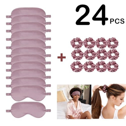 24Pcs Satin Eye Mask Silk Sleep Masks Silky Eyes Cover Blackout Blindfold Eyeshade Scrunchies Hair Ties Travel Wedding Gift - color: Taupe