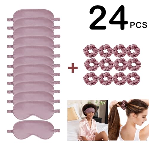 24Pcs Satin Eye Mask Silk Sleep Masks Silky Eyes Cover Blackout Blindfold Eyeshade Scrunchies Hair Ties Travel Wedding Gift - color: Taupe