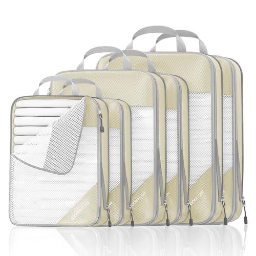 NICOSHOW Compression Packing Cubes 6 Set, Compressible Space-Saving Packing Cubes for Travel - Compression Bags, Luggage Organizer, Travel Essentials for Women, Beige - color: Beige, size: 6 pcs