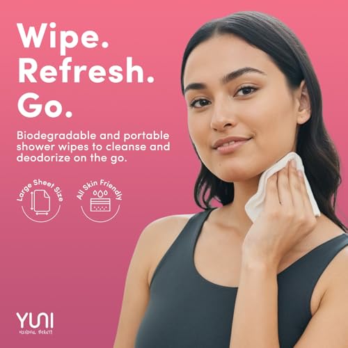 YUNI Beauty Large Body Wipes (Rose Cucumber, 12 Count) Soft Moist Showerless Wipe, Cleanse & Deodorize Waterless Travel Body Cleanser, Biodegradable Individually Wrapped Body Wipe for Camping or Gym - size: 12 Count (Pack of 1)