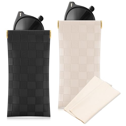 Sightor Sunglasses Case, 2 Pcs Soft Eyeglass Cases Checkered Sunglass Case Portable Squeeze Top Leather Glasses Pouch - color: Black, Beige