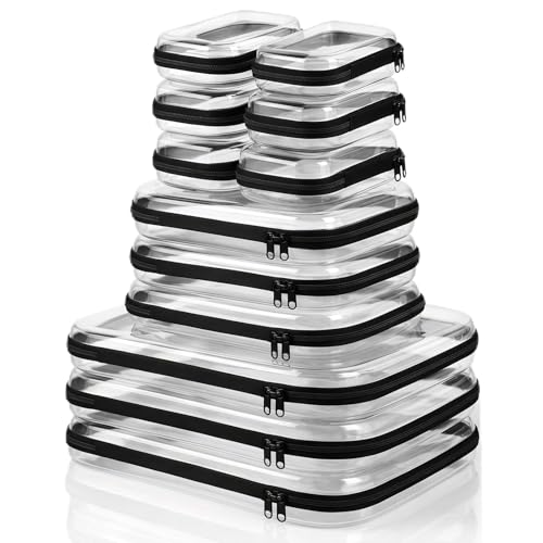 12 Pack Clear Hard Shell Zipper Case with 40 Labels, X-Large/Medium/Small Stackable Clear Pouches, Crush-resistant Travel Toiletry Bag Organizer for Makeup Board Games Electronics (Black)