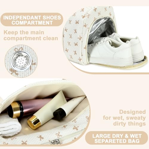 Gym Bag Sports Duffle Bag with Wet Pocket Weekender Overnight Bags with Waterproof Shoe Pouch and Air Hole for Girls Kids Women Workout Travel Bags (Brown Bow - Beige) - color: Brown Bow - Beige