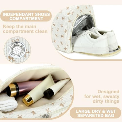 Gym Bag Sports Duffle Bag with Wet Pocket Weekender Overnight Bags with Waterproof Shoe Pouch and Air Hole for Girls Kids Women Workout Travel Bags (Brown Bow - Beige) - color: Brown Bow - Beige