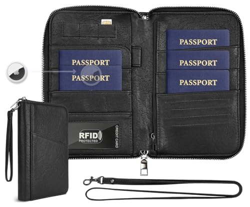 Family Passport Holder Wallet RFID Travel Document Organizer for Women Men, Portable Case Cover for Cards, Boarding Pass with Wrist & Neck Double Strap, Travel Gifts (Textured Black, 1pack) - color: Textured Black