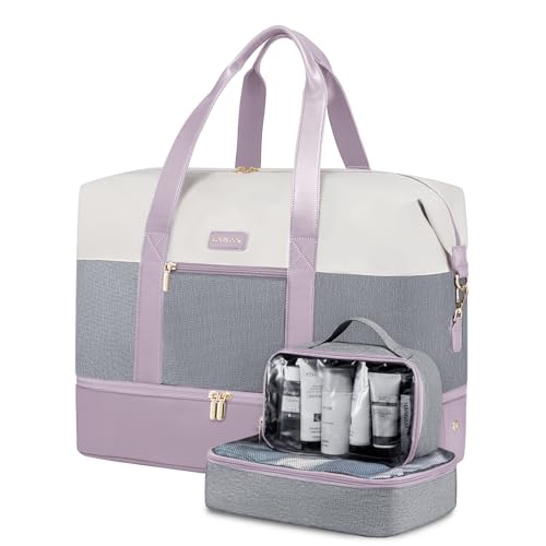 LOVEVOOK Weekender Bag for Women, Large Duffle Bag for Travel with 2 Packing Cubes, Carry on Overnight Bag with Shoe Compartment, Mom Hospital Bags for Labor and Delivery - color: White Grey Purple, size: 56L-3Pcs