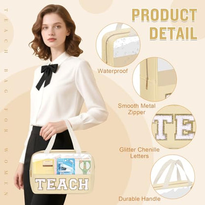 izuzta Teacher Appreciation Gifts TEACH Chenille Letter Clear Makeup Bag Pouch, Monogram Teacher Supplies Zipper with Handle Travel Cosmetic Bag Graduation Retirement Gifts for Women(TEACH-Beige) - color: TEACH-Beige