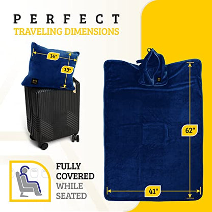 Travel Blanket Airplane Compact with Hoodie – 2in1 Airplane Travel Accessories from Plane Blanket to Travel Pillow with Luggage Strap, Soft Handle & Secure Pocket (Navy Blue, 62x41'') - color: Navy Blue, size: 62x41''