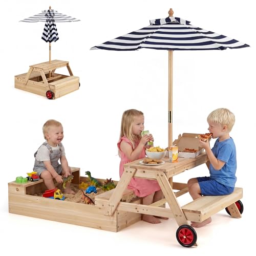 HONEY JOY Kids Picnic Table with Sandbox, Fir Wood Toddler Outdoor Table & Chair Set w/Wheels, Removable Umbrella & Sensory Bin, Children Convertible Outdoor Furniture for Backyard Patio Garden (Blue)