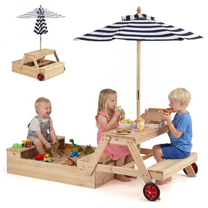 HONEY JOY Kids Picnic Table with Sandbox, Fir Wood Toddler Outdoor Table & Chair Set w/Wheels, Removable Umbrella & Sensory Bin, Children Convertible Outdoor Furniture for Backyard Patio Garden (Blue)