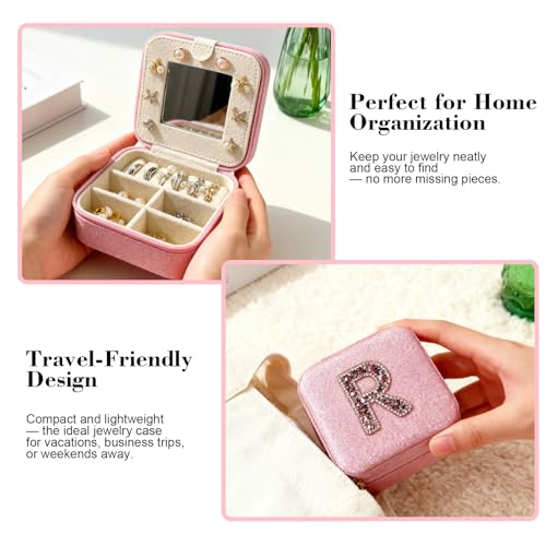 Travel jewelry case Travel jewelry box Travel Jewelry Organizer Small box Gift for Girls Women with Mirror (Pink + R) - color: Pink R