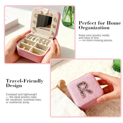 Travel jewelry case Travel jewelry box Travel Jewelry Organizer Small box Gift for Girls Women with Mirror (Pink + R) - color: Pink R