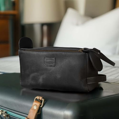 LEATHER VILLAGE Genuine Leather Travel Toiletry Bag - Water-Resistant Dopp Kit for Toiletries, Large Shaving Bag & Bathroom Organizer - Gift for Men & Women - Distressed Black - color: Distressed Black