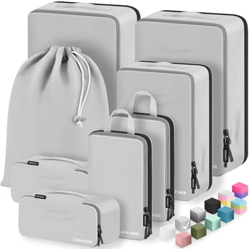 8 Set Compression Packing Cubes for Travel, Waterproof Luggage Organizers, Suitcase Organizer Set for Carry-On & Checked Baggage, Travel Accessories for Men & Women - color: 05-Gray