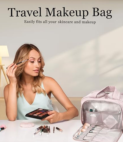 Travel Toiletry Bag for Women, Large Wide-open Puffy Cosmetic Makeup Bag with Wet-Dry Separation, Multi-Pocket Organizer with Carry Handle for Toiletries, Cosmetics, Essentials, Light Pink - color: Light Pink
