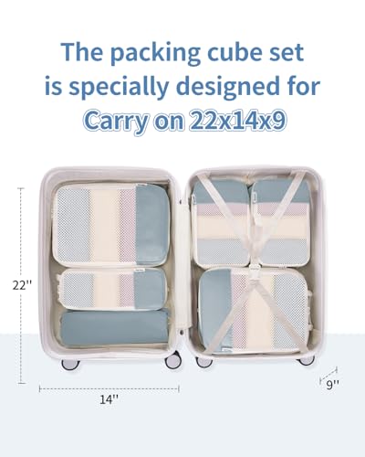 Narwey 6 Set Compression Packing Cubes for Travel Women Men, Travel Cubes for Carry On Suitcase, Durable Compression Luggage Organizer Bags - color: Grayish Blue