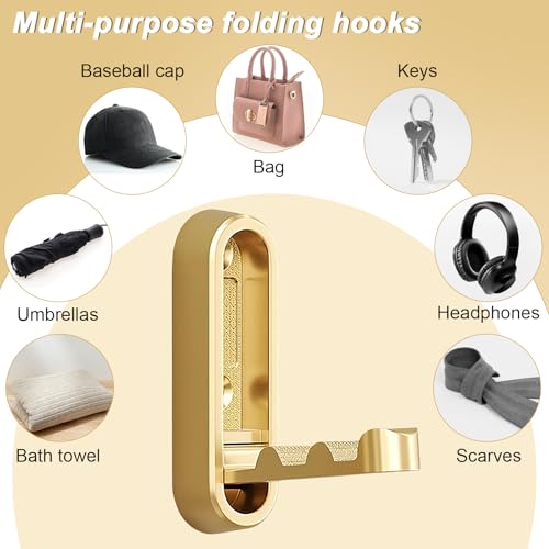 2Pcs Gold Folding Wall Hooks Heavy Duty Foldable Coat Hooks for Hanging Towels Clothes Bags Keys Bathroom Bedroom Closet Gold Hooks for Wall