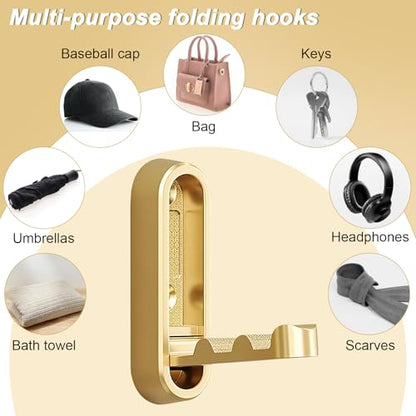 2Pcs Gold Folding Wall Hooks Heavy Duty Foldable Coat Hooks for Hanging Towels Clothes Bags Keys Bathroom Bedroom Closet Gold Hooks for Wall