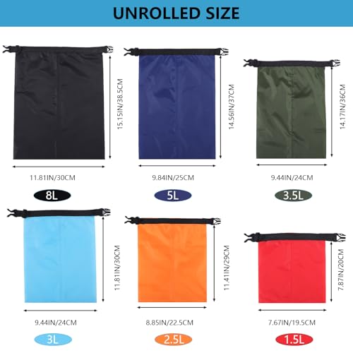 Pimoys 6 Pack Waterproof Dry Bags, Lightweight Outdoor Dry Sacks Ultimate Dry Bags for Kayaking Rafting Boating Camping (1.5L, 2.5L, 3L, 3.5L, 5L, 8L) - color: Multicolor
