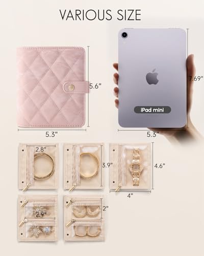 VLANDO Travel Jewelry Organizer Case,Gifts for Women,Portable Jewelry Storage Book Ring Binder with Clear Zipper Velvet Pouch Bag for Traveling,Rings,Necklace,Earrings,Bracelets,Brooches-Sand Pink - color: Sand Pink