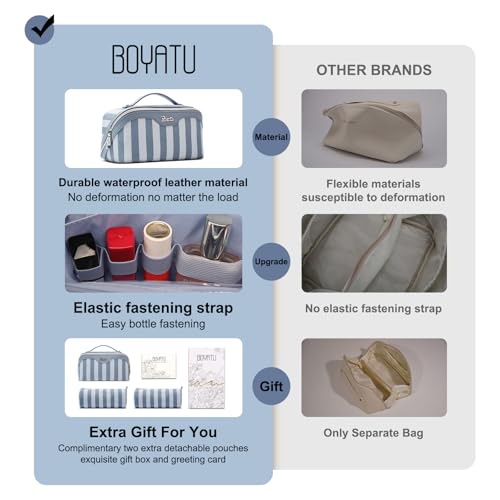 BOYATU Travel Makeup Bag Cosmetic Bag for Women: 3 Pcs Set Striped Make up Bag with Compartments - Waterproof Vegan Leather Toiletry Bags with Handle - Makeup Organizer for Travel Essentials(A-1-Blue) - color: A-1-Blue