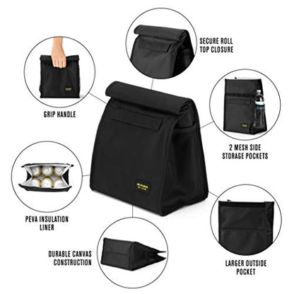 2nd Childhood Rolltop Lunch Bag for Work or School – Compact, Foldable & Low Profile Design – Insulated Reusable Bag with Handle – Slim, Durable & Stylish - 3.5L (Black) - color: Black