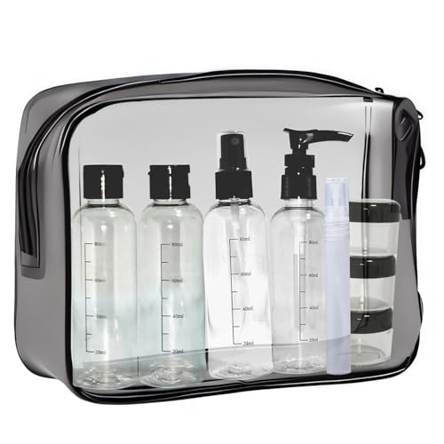 Clear Toiletry Bag with Travel Bottles 100ml Set,TSA Approved Travel Makeup Cosmetic Bag for Women Men Refillable Containers Travel Size Toiletries Bottles Kit for Liquids Shampoo Conditioner Lotion,