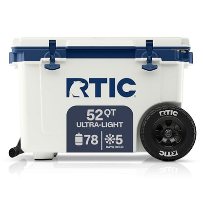 RTIC 52 Quart Ultra-Light Wheeled Hard Cooler Insulated Portable Ice Chest Box for Beach, Drink, Beverage, Camping, Picnic, Fishing, Boat, Barbecue, 30% Lighter Than Rotomolded Coolers - color: Cool Grey & Navy
