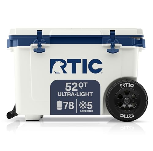 RTIC 52 Quart Ultra-Light Wheeled Hard Cooler Insulated Portable Ice Chest Box for Beach, Drink, Beverage, Camping, Picnic, Fishing, Boat, Barbecue, 30% Lighter Than Rotomolded Coolers - color: Cool Grey & Navy