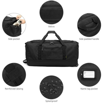Laripwit Collapsible Duffle Bag with Wheels 130-170L Extra Large Expandable Travel Duffel Bag for Men Women Heavy Duty Military Duffle Bag for Camping Rolling Foldable Carry On Luggage, Black - color: Black