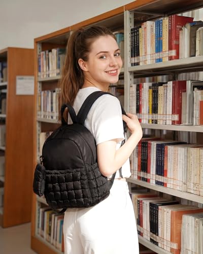 BAGSMART Mini Backpacks for Women, Puffy Checkered Quilted Small Backpack with Pouch, Lightweight Daypack Purse, Water-Resistant Bookbag for Daily Travel College, 2-in-1 Set, Brown - color: Latte Brown