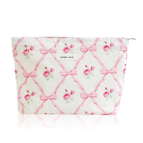 Wudygirl Makeup Bag Cosmetic Bag for Women Pink Pow Makeup Pouch Cute Makeup Organizer Portable Handbag Toiletry Bag Large Capacity Zipper Pouch (Pink Pow) - color: Pink Bow