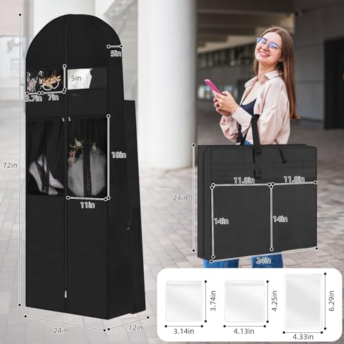 Wedding Dress Garment Bag,72" Tri-Fold Bridal Gown Bag with 6 Pouches and Adjustable Buckle Gown Cover for Wedding/Prom/Travel/Closet Storage (Black) - color: Black