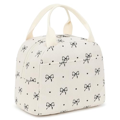 EurCross Cute Bow Tie Lunch Bag for Girls, Ivory Corduroy Insulated Lunch Bag for Two-Meal Space Perfect for School Days, Commuting, fits Bento Boxes, Round Containers, Designer Lunchboxes - color: Ivory