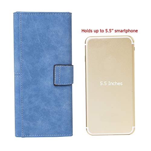 Women's Vegan Leather 17 Card Slots Card Holder Long Big Bifold Wallet - color: Light Blue