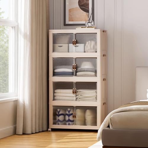 SAILUN 127Gal/508Qt Extra Large Stackable Storage Bins Folding Collapsible Storage Bins with a Lid, Closet Organizers Blush White 28" W x 17" D x 61" H - color: Blush White, size: 1 Lid 4 Pack-28" W x 17" D x 61" H