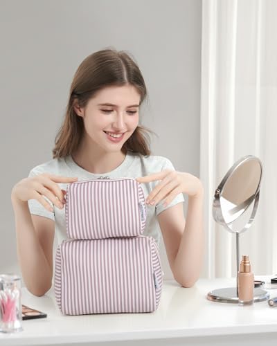 Narwey Small Striped Makeup Bag for Purse Mini Cosmetic Bag Travel Makeup Pouch Zipper Pouch Cute Make up Bags with Compartments for Women Girls (Dusty Rose Stripe, Small) - color: A-Dusty Rose Stripe, style: Small