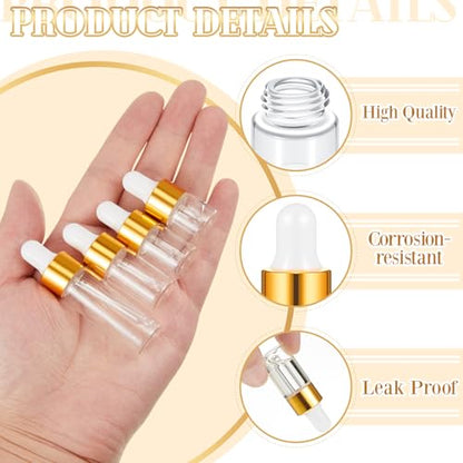 Didaey 20 Pcs Mini Glass Oil Dropper Bottle Bulk, Clear Essential Small Empty Bottles Sample Containers Perfume Liquid Vials with Cap for Traveling (1ml,2ml,3ml,5ml,Champagne Gold) - color: Champagne Gold, size: 1ml, 2ml, 3ml, 5ml