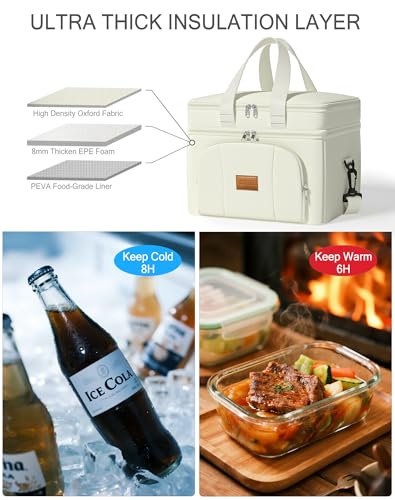 Rnivvi Lunch Box for Women, Double Decker Insulated Cooler Bag Lunch Bag Reusable Leakproof Tote Lunch Container with Strap for Work Family Picnic Hiking Camping, 18 Cans 12L, Large Adults, White - color: White