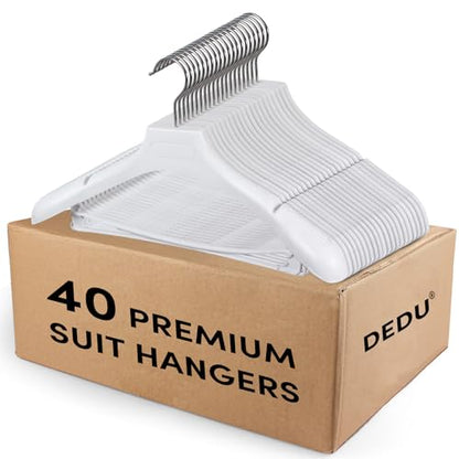DEDU Suit Hangers for Men 40 Pack, White Coat Hangers Extra Wide Non Slip Width 17.7", Thick Plastic with Pants Bar & Metal Hook - color: White, size: 40 Pack