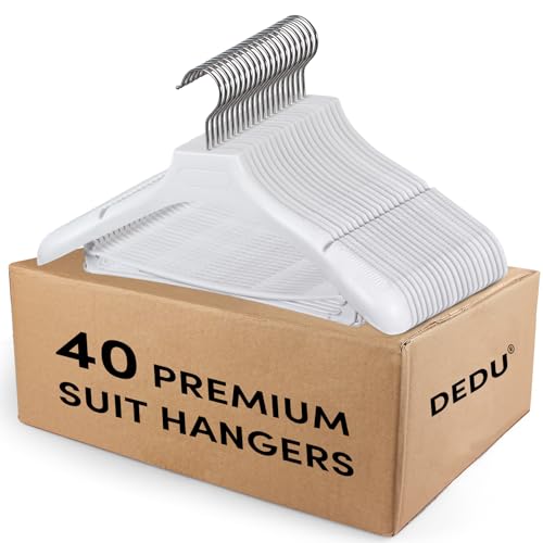 DEDU Suit Hangers for Men 40 Pack, White Coat Hangers Extra Wide Non Slip Width 17.7", Thick Plastic with Pants Bar & Metal Hook - color: White, size: 40 Pack