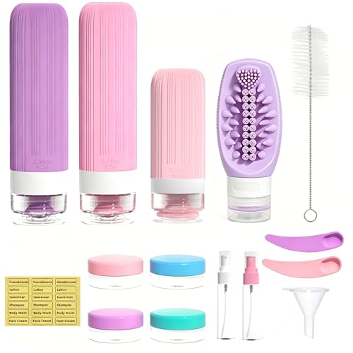 Vitog 16 Pack Travel Bottles with Soft Brush, TSA Approved Silicone Travel Containers for Toiletries, Squeezable Leak Proof Refillable Travel Accessories for Conditioner, Shampoo, Lotion & Body Wash - color: Purple