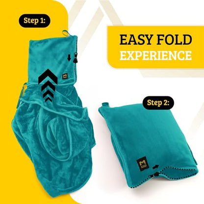 Travel Blanket Airplane Compact with Hoodie – 2in1 Airplane Travel Accessories from Plane Blanket to Travel Pillow with Luggage Strap, Soft Handle & Secure Pocket - color: Teal, size: 62x41''