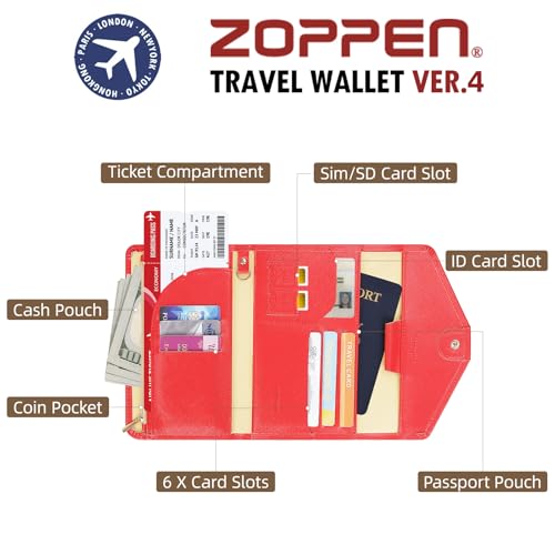 ZOPPEN Mulit-purpose Rfid Blocking Passport Holder Travel Wallet (Ver.4) Passport and Vaccine Card Holder ComboTri-fold Document Organizer Travel Essentials - color: #9 Raspberry Red
