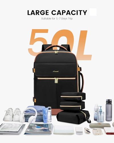 LOVEVOOK Carry On Backpack, 50L Travel Backpack Women with 3 Packing Cubes, TSA Airline Approved Suitcase Bag as Personal Item, Waterproof 18 inch Laptop Backpack for Weekender Overnight,Black-Brown - color: Black-brown, size: 50L-18 Inch-4Pcs