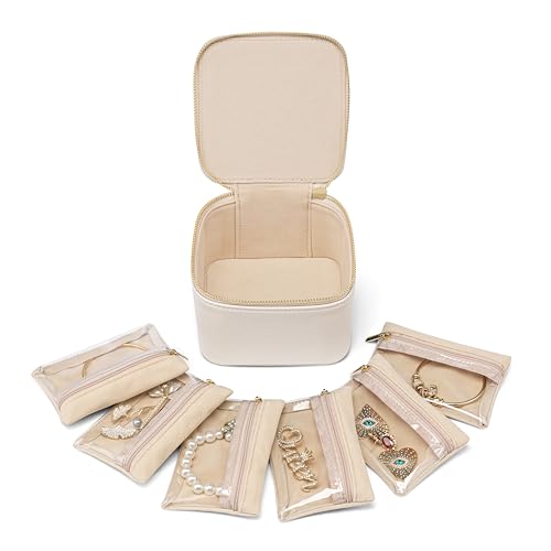 VLANDO Jewelry Travel Case,Valentines Gift,Travel Jewelry Organizer with Clear Velvet Jewelry Bags 6Pcs Zipper Pouch for Women Girl Birthday Gift-White - color: B.6PCS White